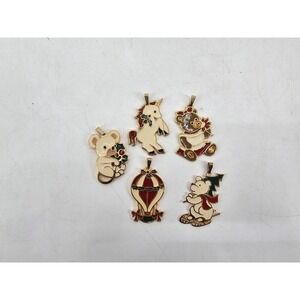 Lot Of 5 VTG Wallace Silversmiths Enamel Sitting Bear‎ Ornament Christmas